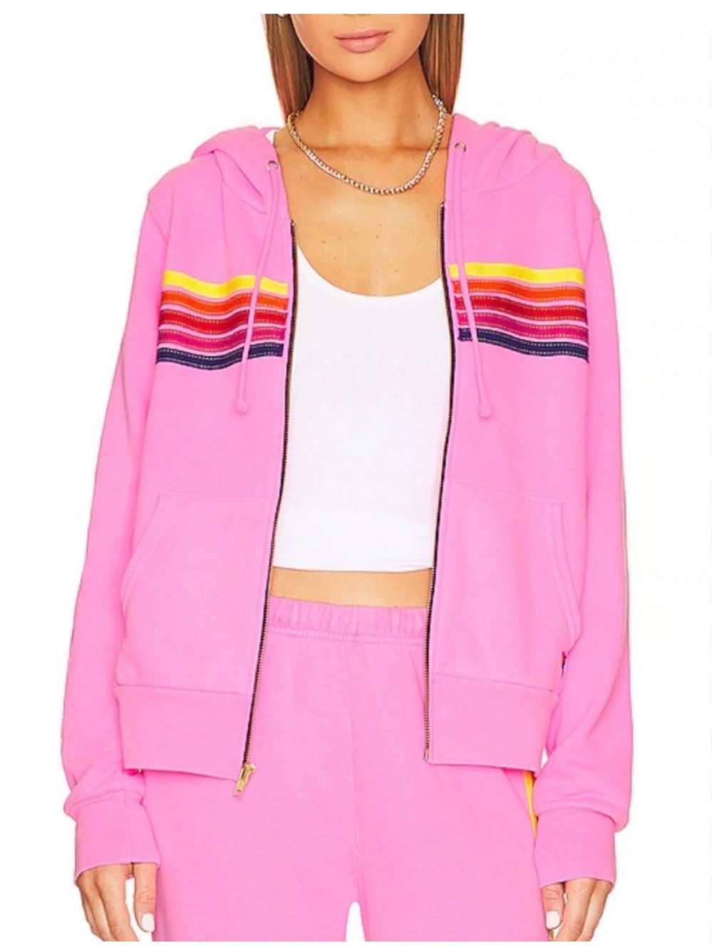 Aviator Nation Pink Hooded Zip Sweatshirt with Rainbow Stripe